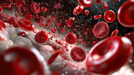 Stunning depiction of red blood cells flowing through the bloodstream, capturing the dynamic nature of circulation, vital for oxygen transport and overall health.の素材