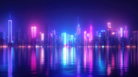 Explore a vibrant night skyline glowing with colorful lights, beautifully reflecting on calm waters. Perfect for showcasing modern urban landscapes.の素材