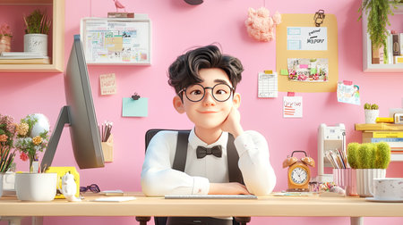 A cheerful young man sits at a modern desk in a creative office setting. The vibrant pink background complements his engaging smile and stylish attire.の素材