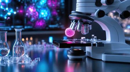 A modern laboratory setup featuring a microscope, glassware, and vibrant light effects. Ideal for themes of science, research, and innovation in various fields.の素材