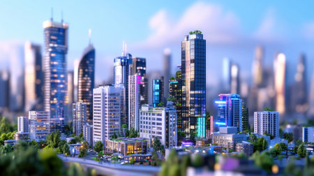 A vibrant urban cityscape featuring modern skyscrapers alongside lush green spaces. This image captures the essence of contemporary city life, blending architecture and nature seamlessly.の素材