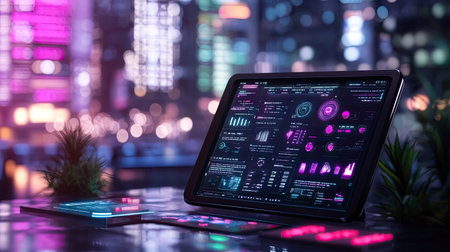 A futuristic tablet showcases vibrant data analytics against a glowing city backdrop, merging technology with modern design in a dynamic urban setting.の素材
