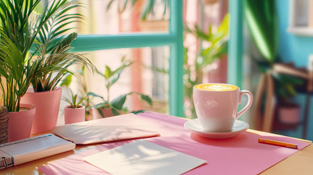 A vibrant workspace featuring a coffee cup surrounded by lush plants, bright colors, and warm light. Ideal for inspiration and relaxation.の素材