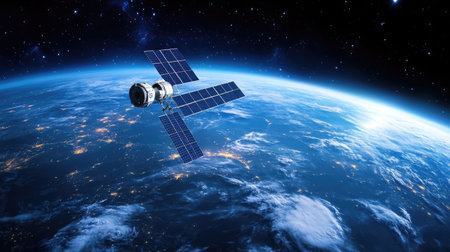 A stunning view of a satellite orbiting Earth, showcasing solar panels and illuminating the planet atmosphere. Stars twinkle in the distance, highlighting cosmic beauty.の素材