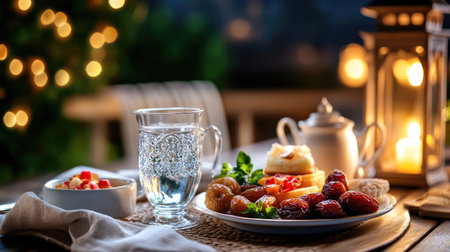 A cozy outdoor table setting featuring a delicious assortment of desserts, a refreshing glass of water, and warm lighting, perfect for relaxing evenings.の素材