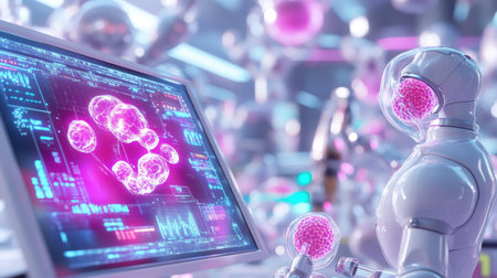 This image showcases a futuristic robot engaged in data analysis on a high-tech screen, surrounded by glowing elements, emphasizing the intersection of technology and science.の素材