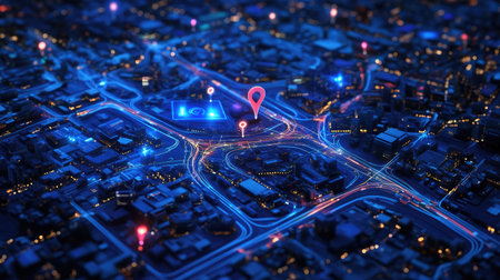 This aerial view showcases a nighttime city map filled with glowing navigation markers, highlighting urban routes and modern technology integration in transportation.の素材