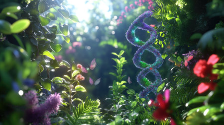 A mesmerizing garden scene featuring a DNA helix surrounded by lush flowers, greenery, and butterflies, capturing the essence of life, beauty, and nature's wonders.の素材