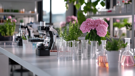A well-organized laboratory showcasing a microscope alongside hydrangeas and various glassware. The modern space is filled with natural light, perfect for research and experiments.の素材