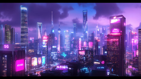A stunning futuristic cityscape featuring illuminated skyscrapers and vibrant neon lights during dusk, creating a mesmerizing urban landscape filled with energy.の素材