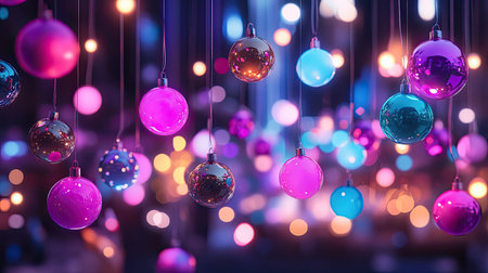 A collection of vibrant Christmas ornaments suspended in the air, creating a dreamy, colorful atmosphere enhanced by soft bokeh lights, perfect for the holiday season.の素材