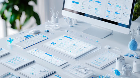 A modern workspace showcasing digital displays and organized materials. Featuring a minimalist desk setup, the image highlights creativity and productivity in a professional environment.の素材