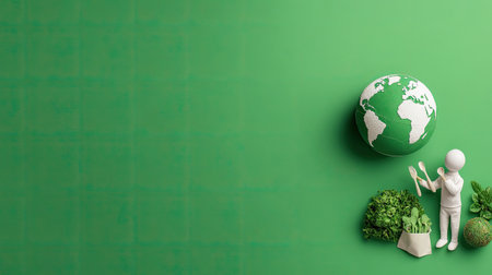 This illustration features a human figure with a globe surrounded by green elements, symbolizing sustainability and environmental awareness.の素材