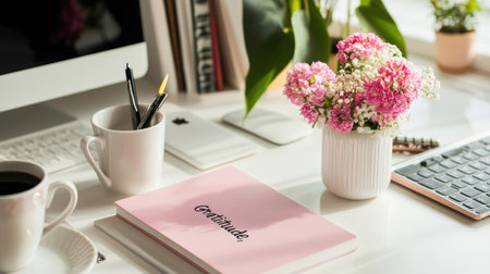 A serene workspace featuring a pink gratitude notebook, a cup of coffee, and beautiful flowers, ideal for promoting creativity and relaxation in a home office.の素材