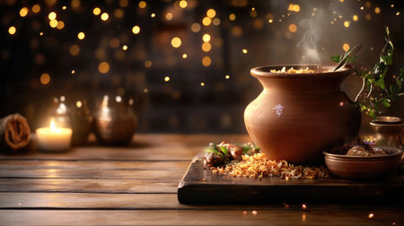A warm ceramic pot filled with rice emits steam, placed on a rustic wooden table. Soft candlelight and gentle bokeh create a cozy, inviting atmosphere perfect for festive meals.の素材