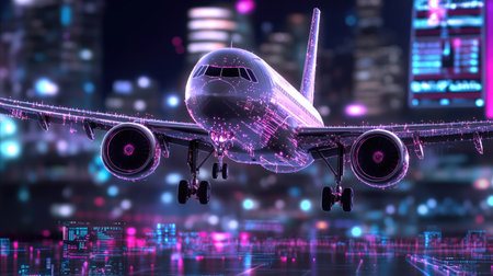 This stunning image features a futuristic airplane soaring through a vibrant neon cityscape at night, embodying advanced technology and imagination.の素材