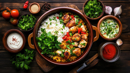 Delight in a vibrant display of spiced chicken, fluffy rice, and fresh herbs, artfully arranged on a rustic wooden table, ideal for culinary inspiration.の素材