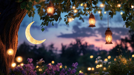 Experience the magic of a twilight garden with glowing lanterns and a crescent moon surrounded by blooming flowers, creating a serene and enchanting atmosphere.の素材