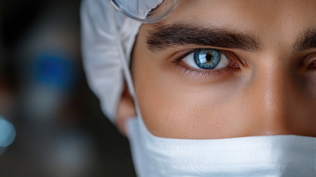 This striking close-up features a medical professional wearing a surgical mask and cap, highlighting intense blue eyes that convey dedication and focus in healthcare.の素材