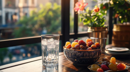 A refreshing glass of water sits next to a bowl of colorful fruits on a wooden table. Sunlight filters through the greenery, creating a serene outdoor dining experience perfect for leisure moments.の素材