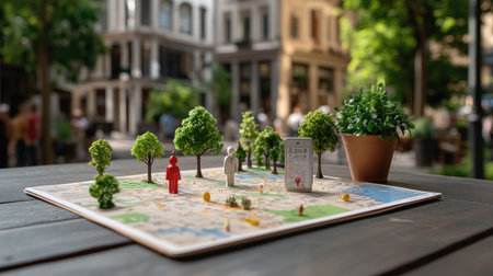 A detailed city map showcases miniature figures and vibrant greenery, set in an urban landscape. This scene illustrates exploration, navigation, and the beauty of city life.の素材