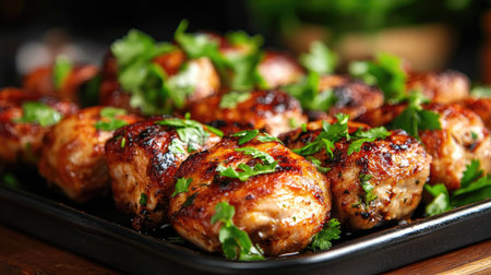 Succulent grilled chicken pieces garnished with fresh green herbs, showcasing vibrant colors and appealing textures. Perfect for any meal or gathering.の素材