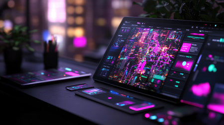 A vibrant digital workspace showcasing neon graphics and modern devices. The futuristic setup invites creativity and innovation through sleek technology and a colorful ambiance.の素材