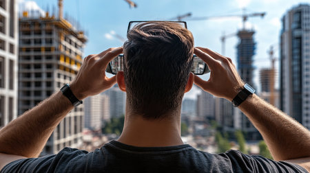 A person stands on a balcony, gazing at an active construction site, capturing the vibrant energy of urban development in a modern cityscape.の素材