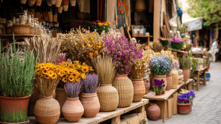 A charming street market scene featuring an array of colorful flowers and herbs arranged in clay pots, showcasing nature's beauty and artistry in a vibrant urban setting.の素材