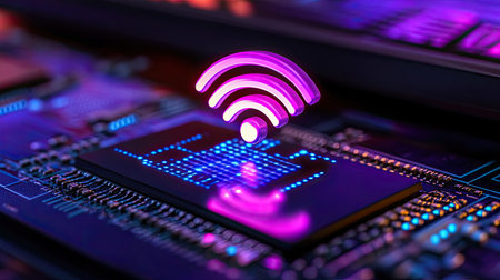 A vibrant wireless connectivity symbol floats over a computer circuit board, showcasing a blend of digital technology and modern electronics in a captivating design.の素材