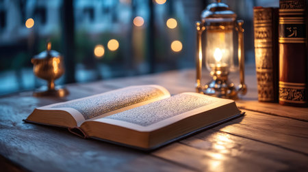 An open book rests on a wooden table, illuminated by a warm lantern. The cozy atmosphere blends vintage decor with soft lighting, creating an inviting setting for reading and reflection.の素材