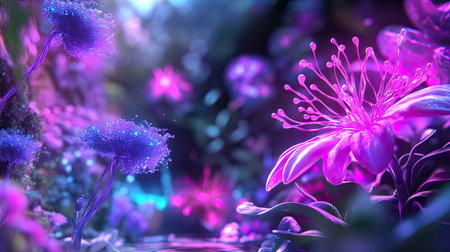 Experience a mesmerizing fantasy forest filled with vibrant flowers illuminated by a dreamy glow. This enchanting scene invites tranquility and creativity.の素材