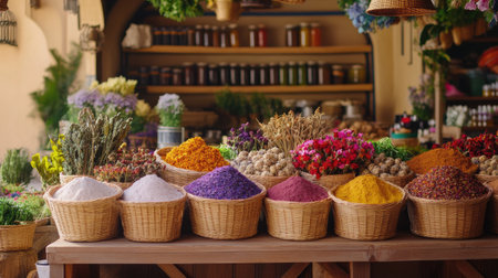 A beautiful scene showcasing an array of colorful spices arranged in rustic baskets at a traditional market. The vibrant hues and textures create an inviting atmosphere ideal for culinary enthusiasts.の素材