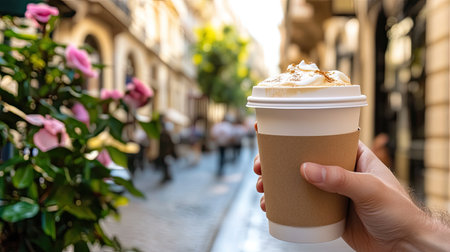 A hand holding a disposable coffee cup stands out against a sunny urban street adorned with flowers. The scene captures a perfect blend of leisure and city life.の素材