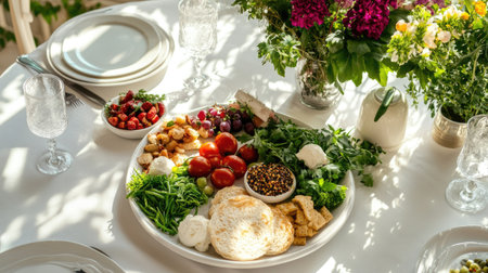 A vibrant platter featuring an assortment of fresh vegetables and fruits beautifully arranged on a dining table, ideal for summer gatherings and healthy meals.の素材