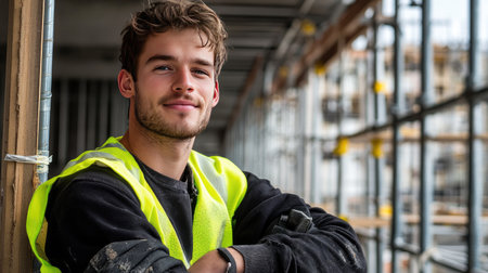 A young male construction worker wearing a safety vest smiles confidently at a job site. The background shows an active construction zone, creating a professional atmosphere.の素材