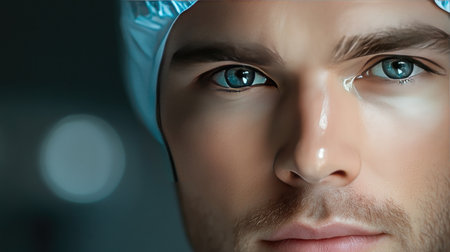 This striking close-up showcases a male medical professional with captivating blue eyes and focused expression, symbolizing healthcare dedication and expertise.の素材