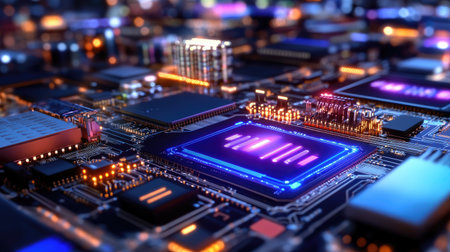 A vibrant close-up view of a complex circuit board filled with microchips and colorful LED lights, showcasing the beauty of modern technology and electronics.の素材