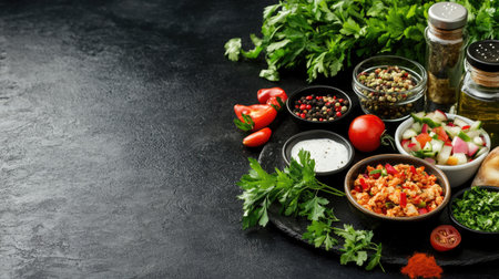 A vibrant assortment of fresh ingredients and spices arranged artistically on a dark background, showcasing healthy cooking options for any dish.の素材