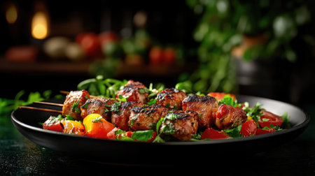 Mouthwatering grilled skewers featuring savory meat and colorful fresh vegetables, beautifully arranged on a sleek black plate, perfect for any summer gathering.の素材