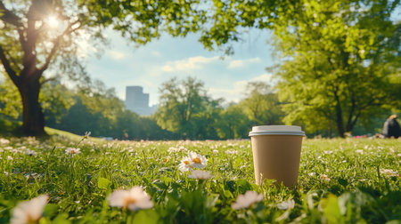 A charming coffee cup sits on lush grass, surrounded by delicate flowers in a vibrant city park. Sunlight filters through the trees, creating a serene atmosphere.の素材