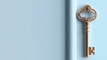 A stunning vintage gold key set against a soft blue wall, perfect for adding a touch of elegance to any decor. Ideal for design inspiration or decorative use.の素材