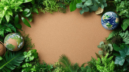 A captivating image featuring vibrant greenery surrounding two earth globes on a sandy background. This visual represents harmony with nature and environmental awareness.の素材