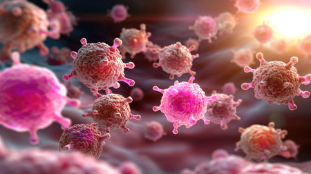 Vivid close-up view of pink and purple virus structures captured under a microscope, illustrating the complexity of microscopic pathogens in a scientific context.の素材