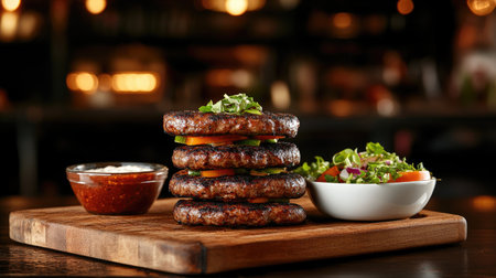 Savory grilled patties served on a wooden board with a vibrant salad and dipping sauce. Perfect for showcasing delicious food photography.の素材