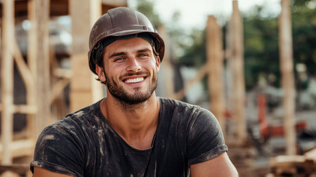 A cheerful construction worker in a helmet smiles confidently at the building site, showcasing the spirit of hard work and dedication in outdoor surroundings.の素材