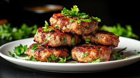 A visually appealing arrangement of savory meat patties garnished with fresh herbs, perfect for a delicious meal or snack, showcasing vibrant colors and textures.の素材