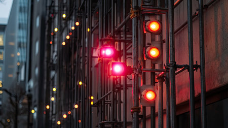 Close-up view of red traffic lights at an urban construction site, highlighting safety measures in a modern city environment during evening hours.の素材