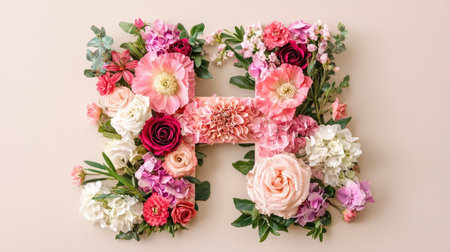 Beautiful floral letter H arrangement featuring a mix of vibrant blooms. Perfect for weddings, events, or home decor, this artistic display brings nature's beauty indoors.の素材