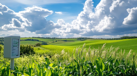 A breathtaking view of lush green fields stretching under a dynamic blue sky. Thick clouds create a dramatic backdrop, showcasing nature's beauty. Perfect for agricultural themes.の素材